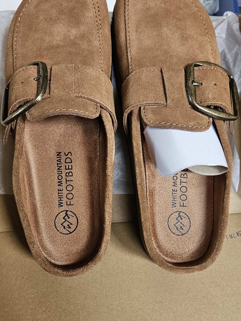 White Mountain Tan Suede Buckle Clog Mules